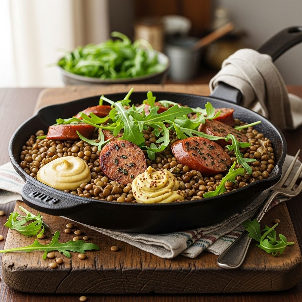 A blend of earthy pulses and savory bites with peppery greens for a satisfying dinner.
