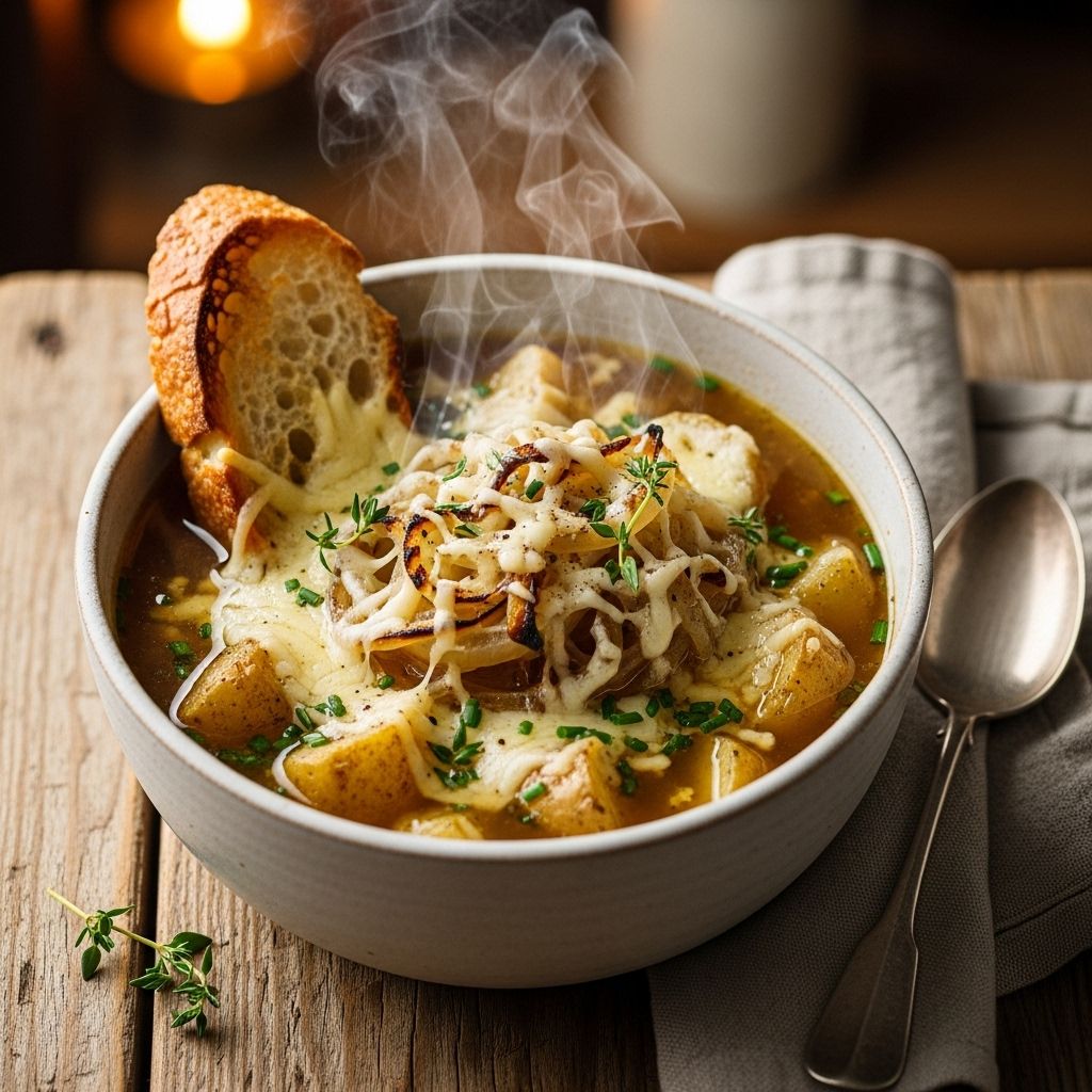 A caramelized depth and silky cream meld with bubbling Gruyère for a gourmet twist.