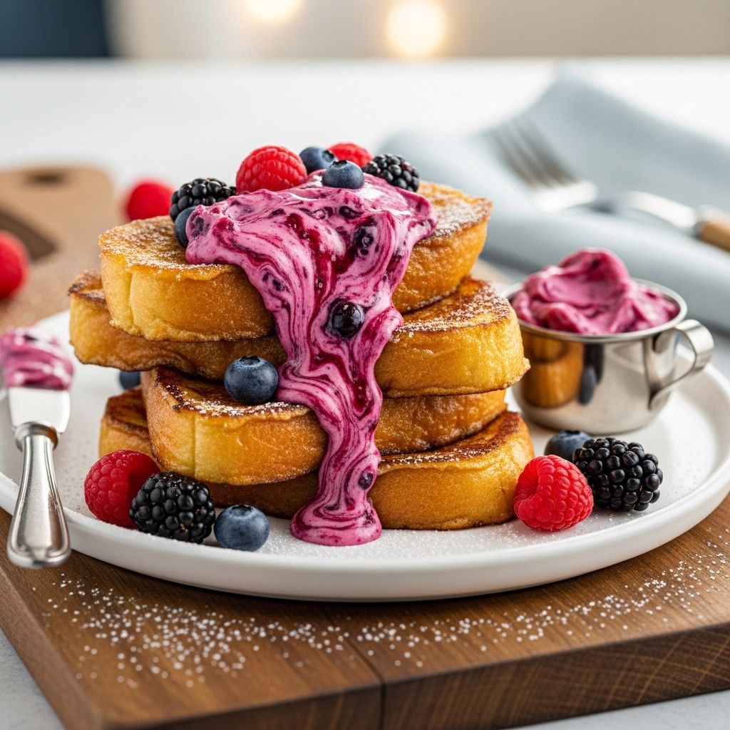 A vibrant fruit swirl elevates crunchy bread into an irresistible morning indulgence.
