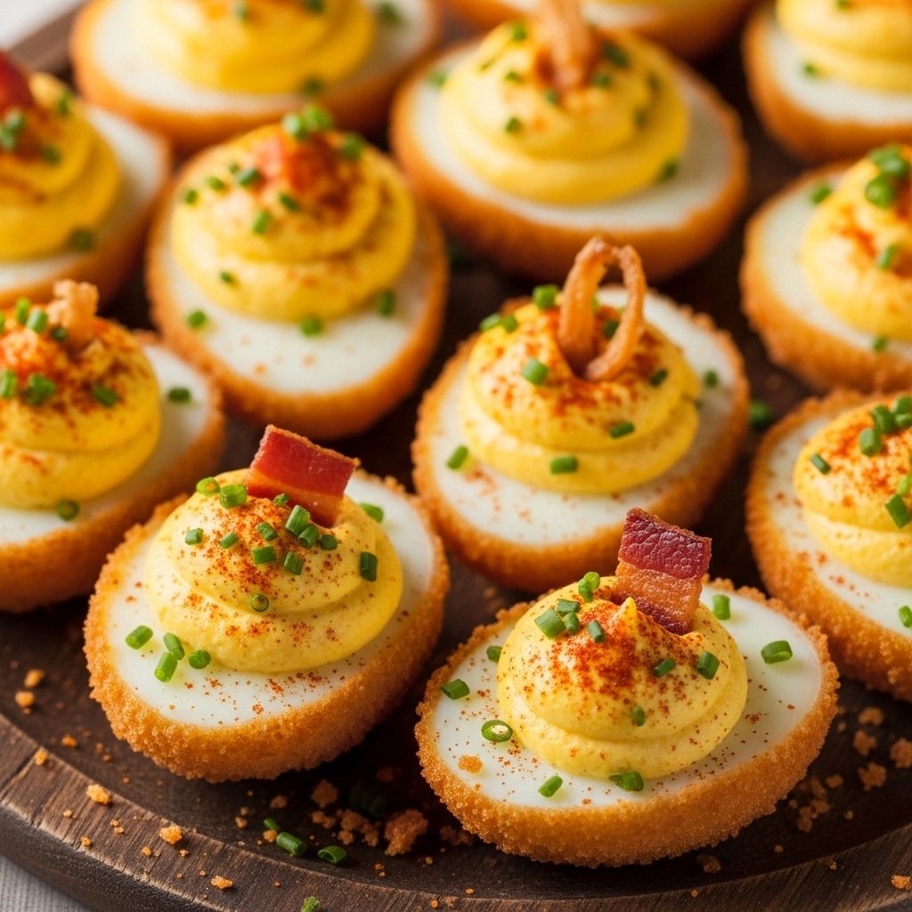 A golden panko crust encapsulates a creamy deviled filling for a delightful bite.