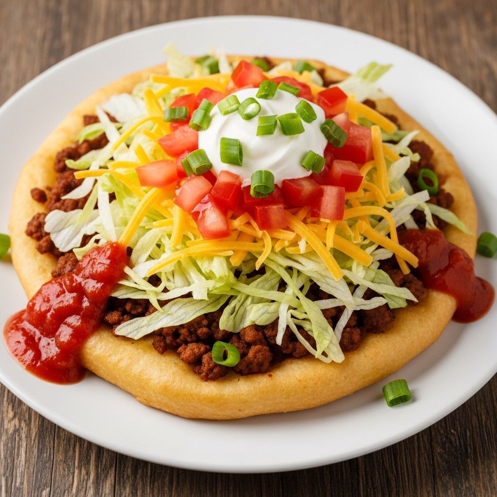 Fry Bread Tacos: A Classic Native American-Inspired Delight A crispy golden dough disc topped with bold flavors for a mouthwatering taste of heritage.