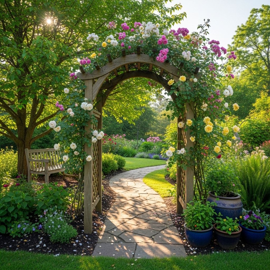 Stylish outdoor arches create inviting passages and showcase vibrant climbing blooms.