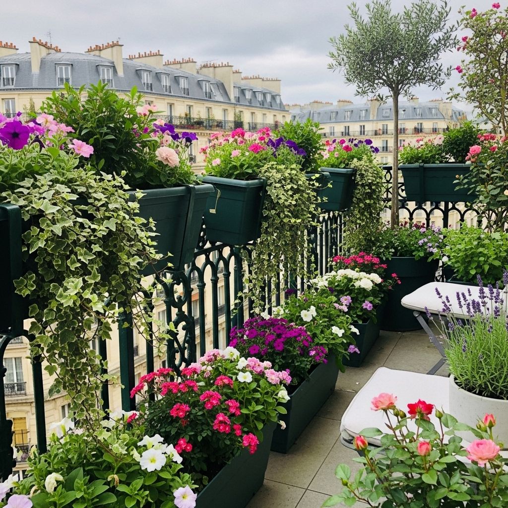 Stacked planters and antique accents transform tight corners into a fragrant, stylish haven.
