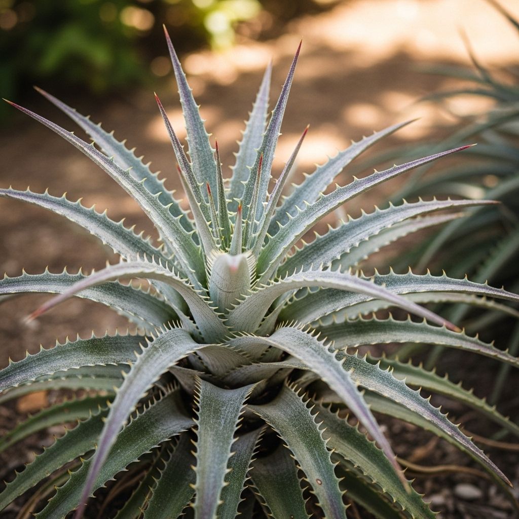 Spiky rosettes and vibrant flowers add a sculptural touch to dry, sun-soaked landscapes.