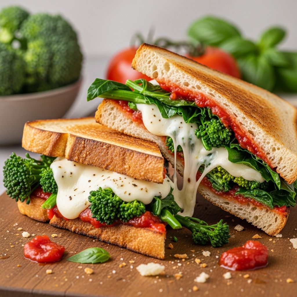 Garlic-infused rapini, creamy mozzarella, and sweet tomato jam shine on rustic bread.