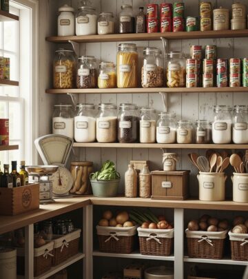 Reclaimed doors, soda crates, and glass jars combine to evoke a cozy, lived-in kitchen nook.
