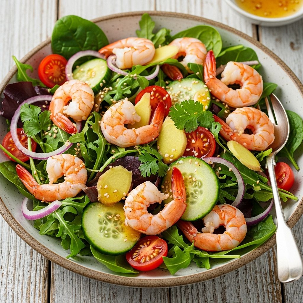 Ginger Shrimp Salad: A Zesty, Refreshing Meal for Any Season A vibrant blend of zesty shrimp with crisp greens and juicy tomato for a healthy dish.