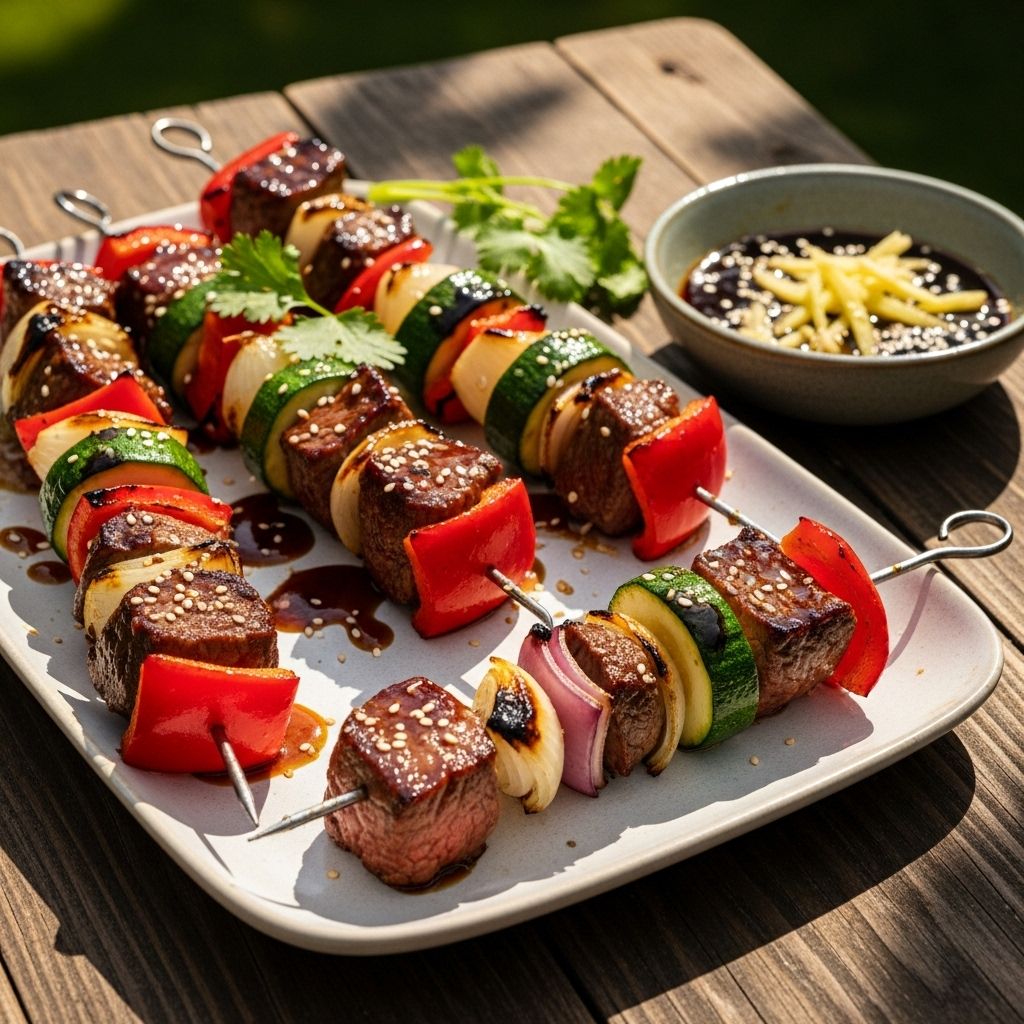 A savory marinade transforms thin slices of beef into tender, flavorful skewers.