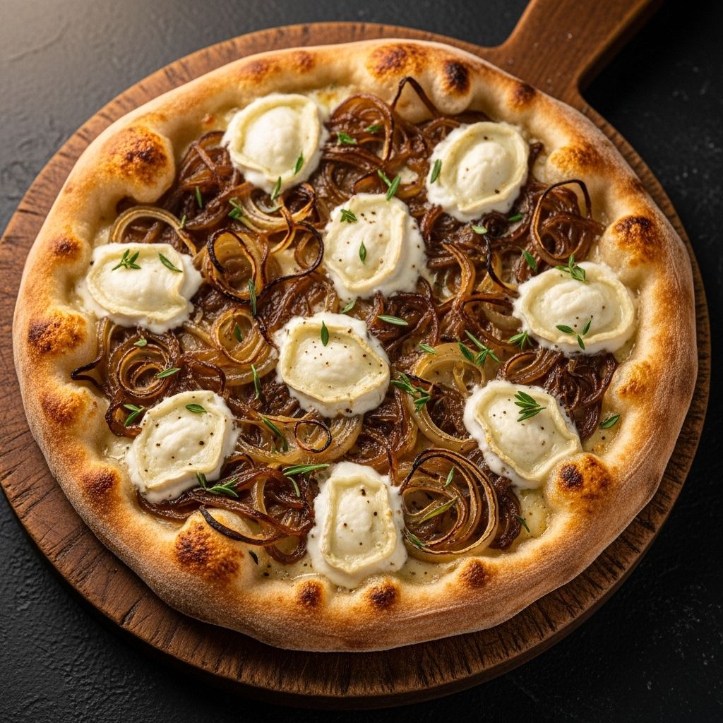 Creamy tangy toppings and sweet aromatics meet on a crisp flatbread for a restaurant-worthy bite.