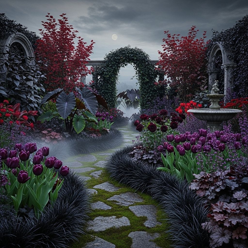 Embrace bold foliage and dark blossoms for an endlessly atmospheric garden retreat.