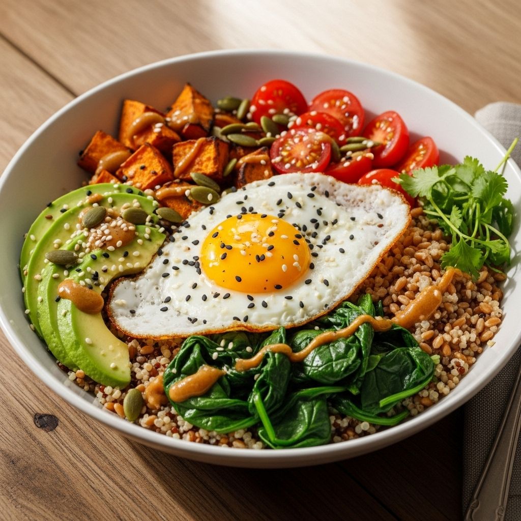 A hearty, nutritious grain bowl with sautéed spinach and egg—a perfect, customizable meal for any time of day.