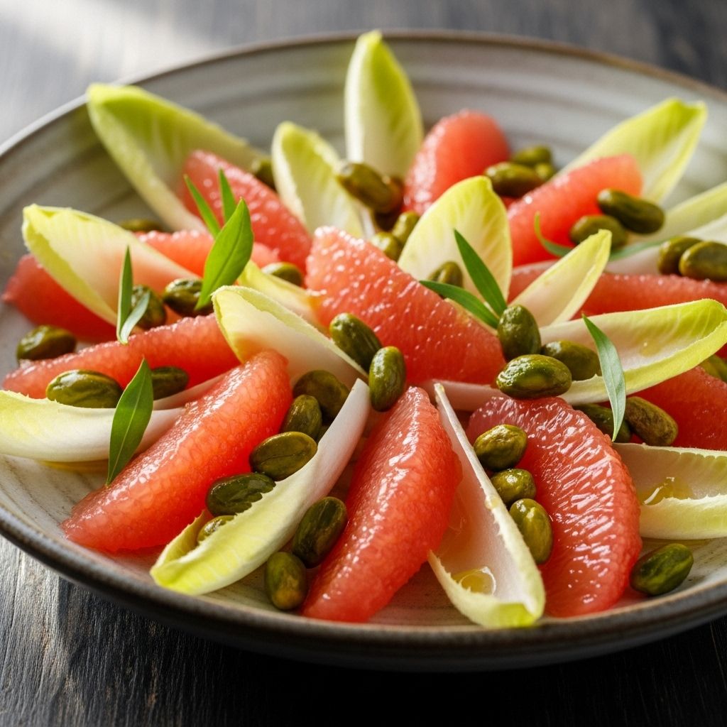 Discover a vibrant, refreshing salad featuring grapefruit, endive, and pistachios, blending flavors and nutrition in a gourmet bowl.