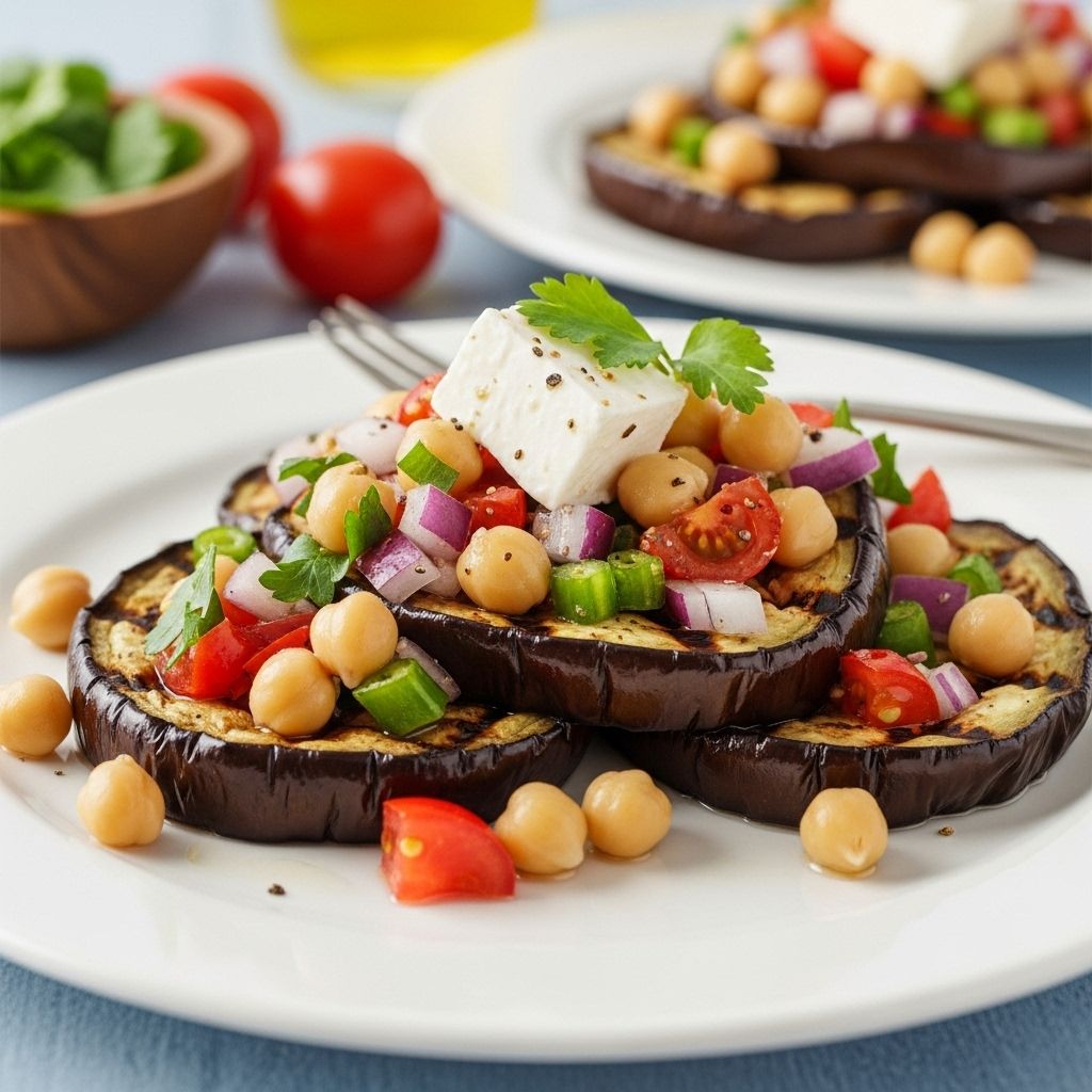 A vibrant, nutrient-dense Mediterranean recipe with grilled eggplant, chickpeas, and fresh vegetables for a healthy and satisfying meal.