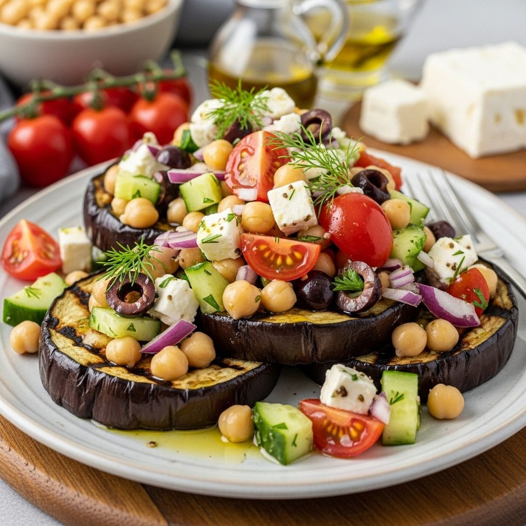 Discover a vibrant, nutrient-dense Mediterranean-inspired recipe: Greek chickpea salad served atop perfectly grilled eggplant steaks.
