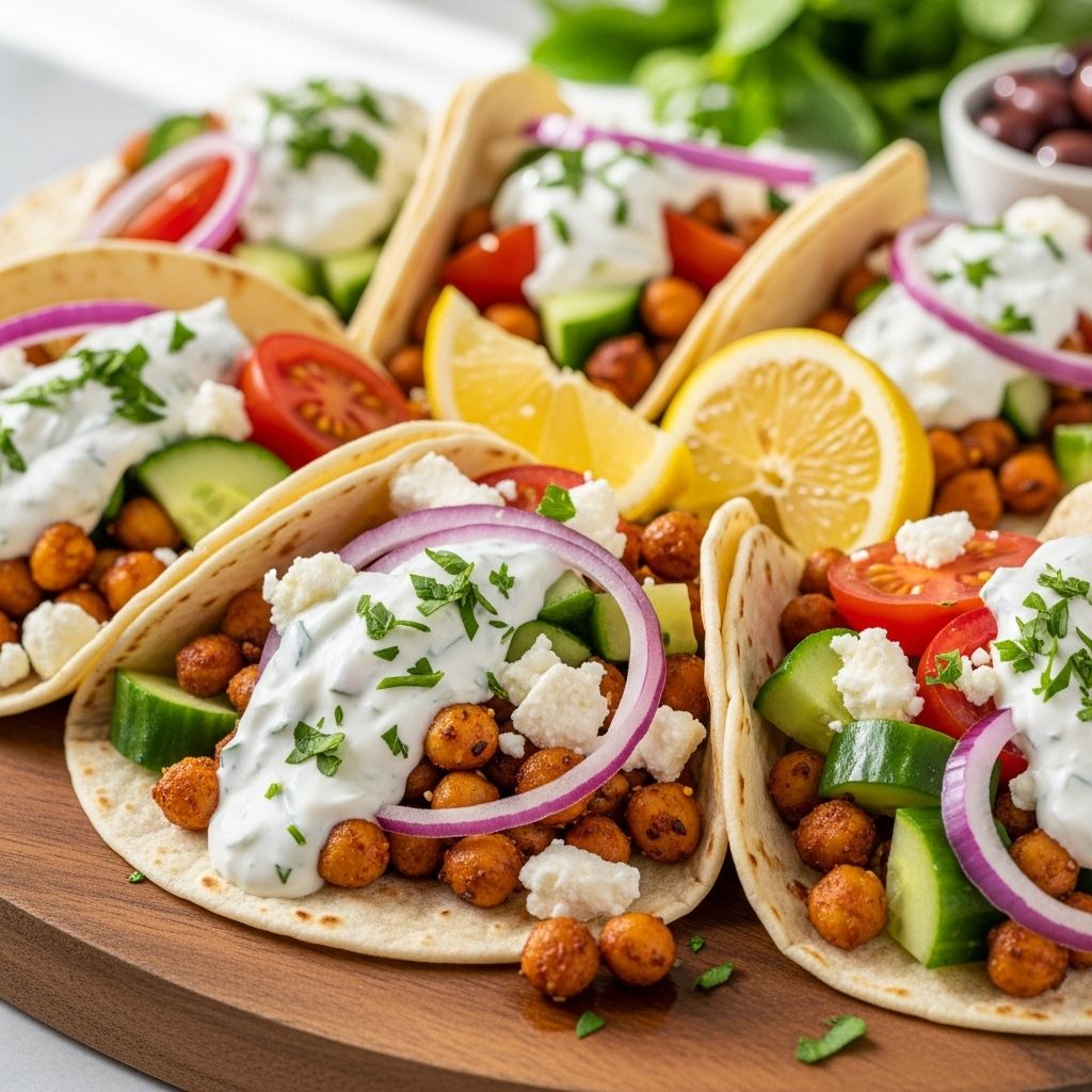 Discover the vibrant flavors of Greek chickpea tacos with fresh veggies, zesty yogurt, and hearty pitas for a healthy plant-powered meal.