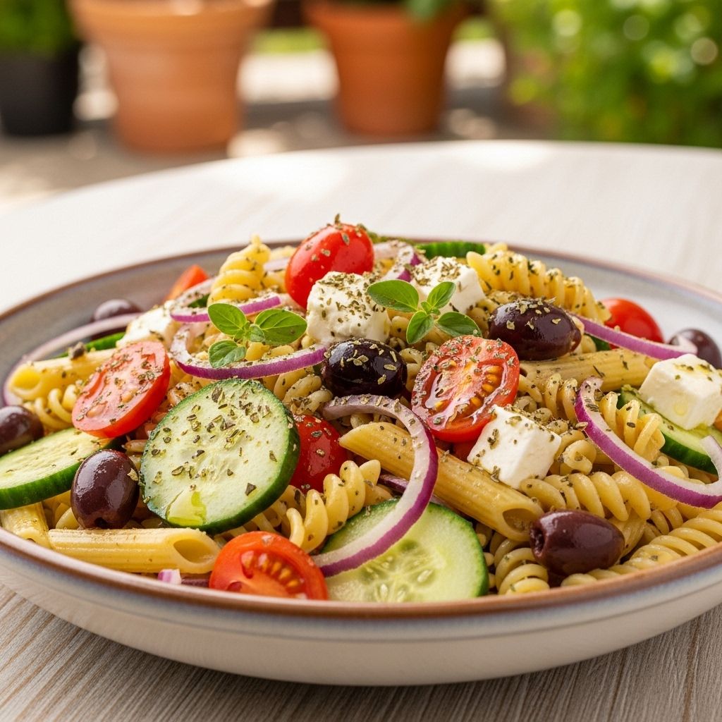 Discover the irresistible fusion of classic Greek salad ingredients and satisfying pasta for a wholesome, protein-packed meal.
