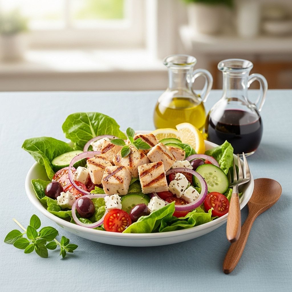 Greek Salad with Chicken Bright flavors and crisp textures come together in a satisfying, healthful meal option.