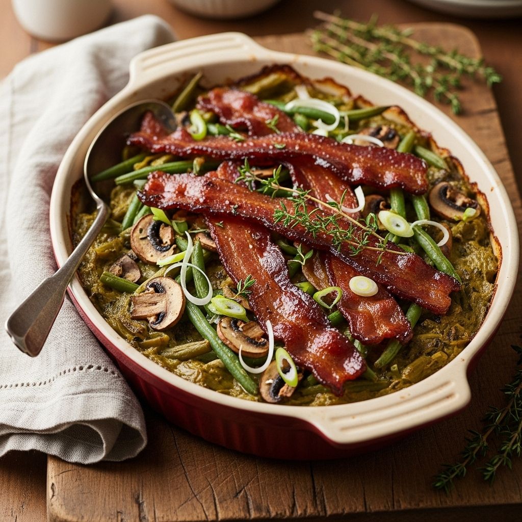 Green Bean-Mushroom Casserole with Candied Bacon Recipe A simple twist on tradition brings fresh flavors and sweet-salty crunch to the table.