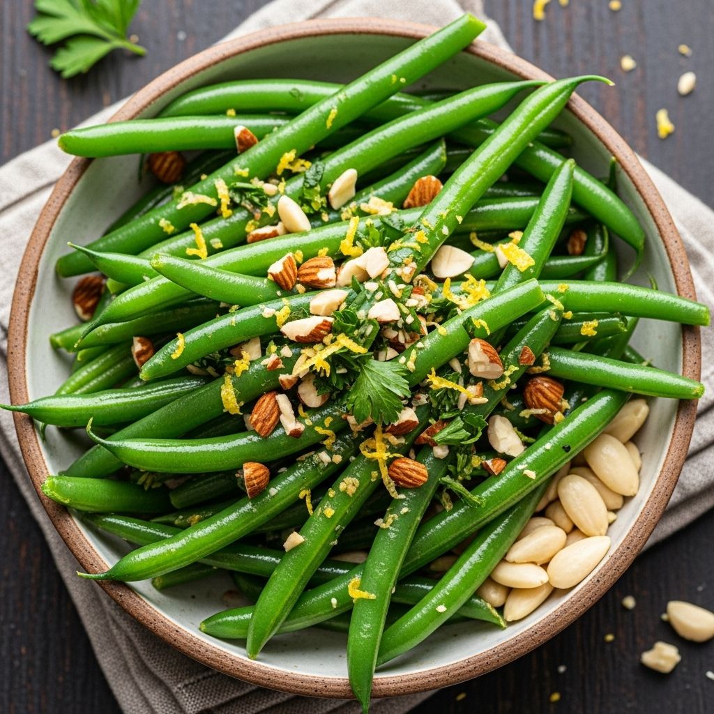 Brighten your table with this simple, vibrant green bean dish—elevated by zesty almond gremolata for crunch, freshness, and flavor.