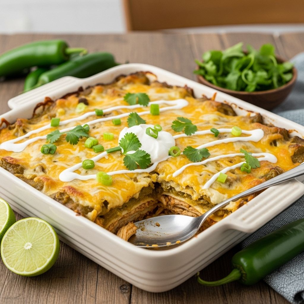 Enjoy the ease of a layered bake that unites green chiles, beans, and sauce in every bite.