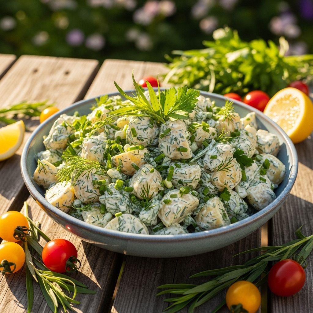 A zesty, leafy dressing gives crisp veggies and creamy tang a garden-fresh twist.