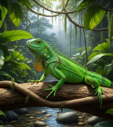 Climbing branches, varied greens, and checkups foster a confident, strong iguana.