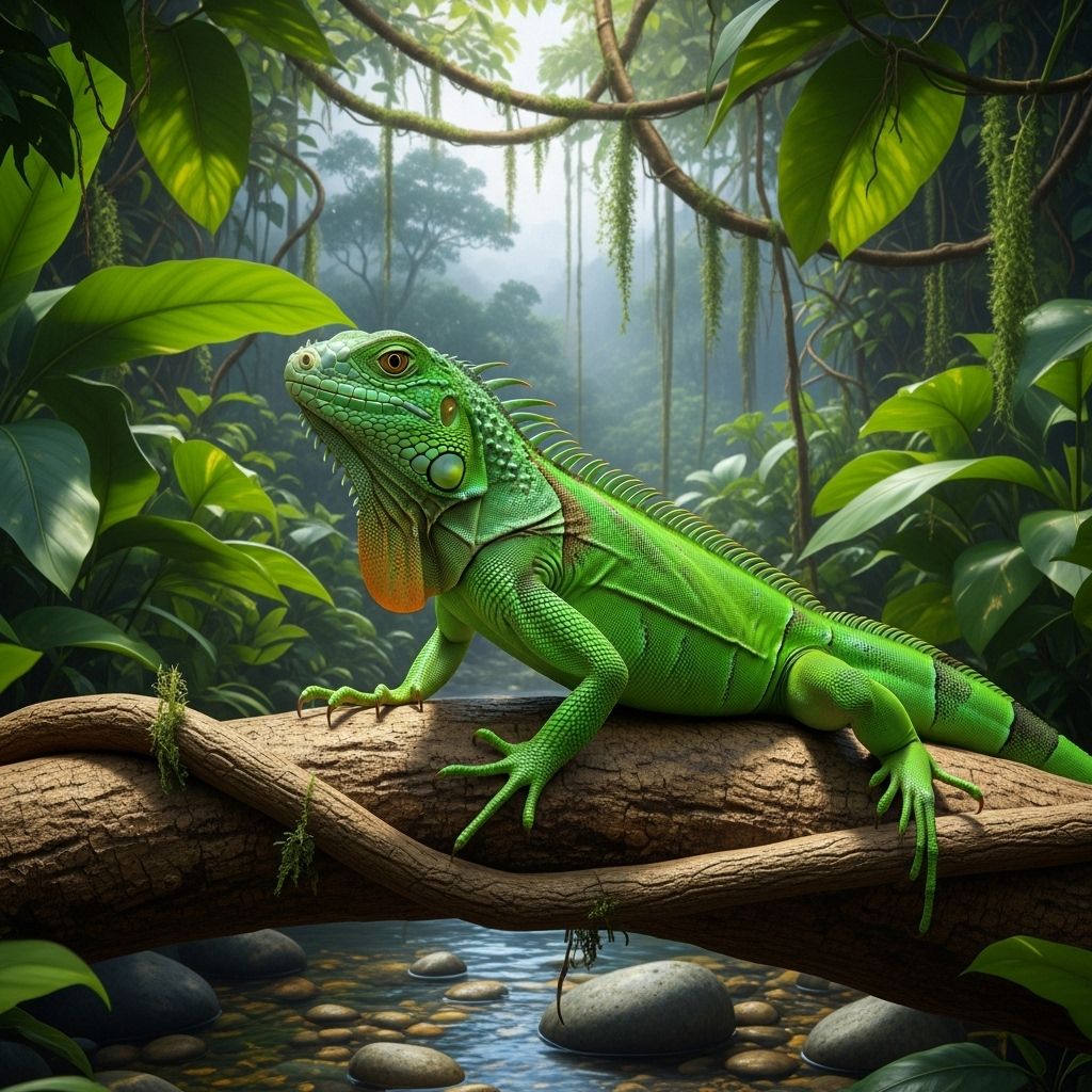 Climbing branches, varied greens, and checkups foster a confident, strong iguana.