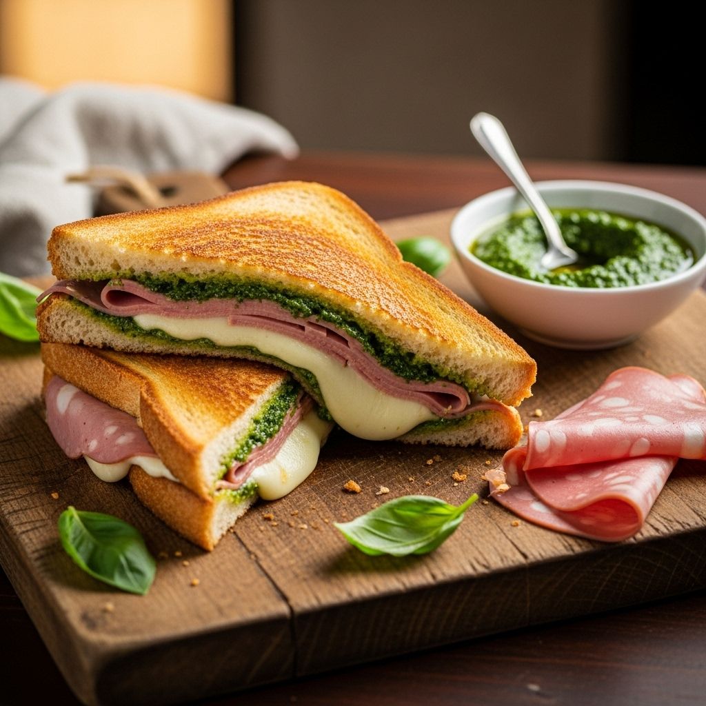 Golden-crisp ciabatta layers savory deli meat with melted cheese and bright basil flavor.