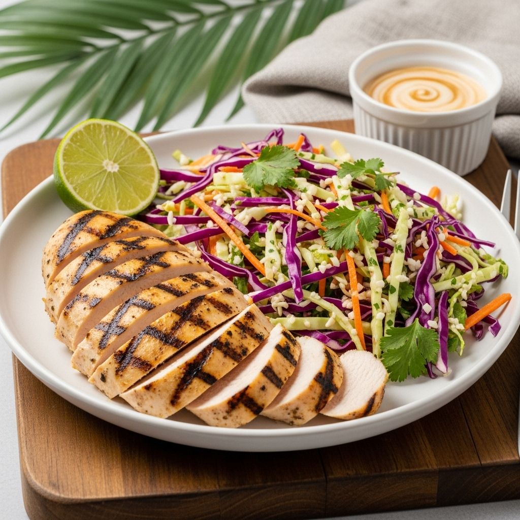 A 20-minute grilled chicken and coconut-lime slaw meal that highlights zesty, fresh, and nourishing flavors, perfect for healthy weeknight dinners.