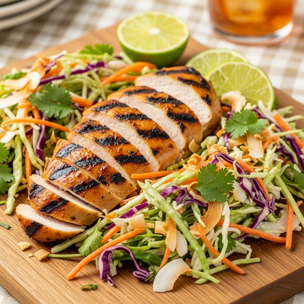 Easy 20-minute grilled chicken with coconut-lime slaw brings tropical flavors to your table for a healthy, vibrant meal.