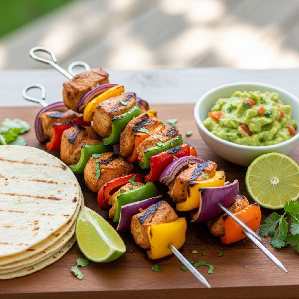 Zesty marinade and perfect char join on skewers for a colorful cookout experience.