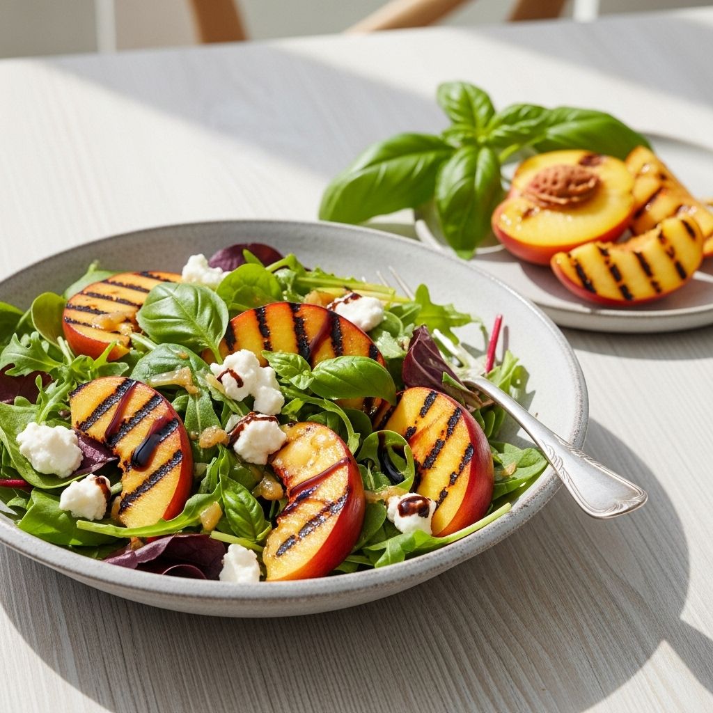 Smoky fruit meets peppery greens, creamy cheese, and crunchy nuts for a refreshing dish.