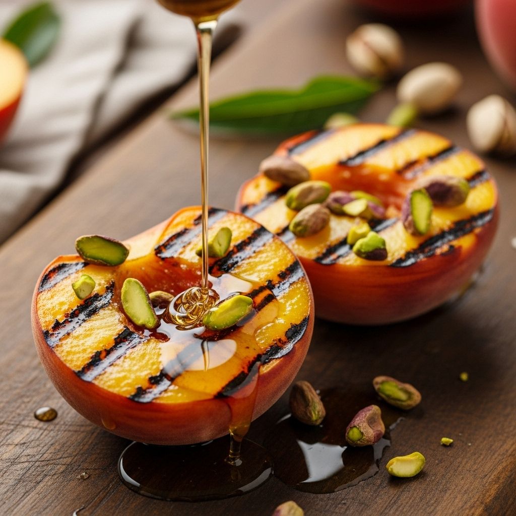 Elevate your summer with this simple, healthy, and flavor-packed grilled peaches recipe featuring honey, pistachios, and Greek yogurt.