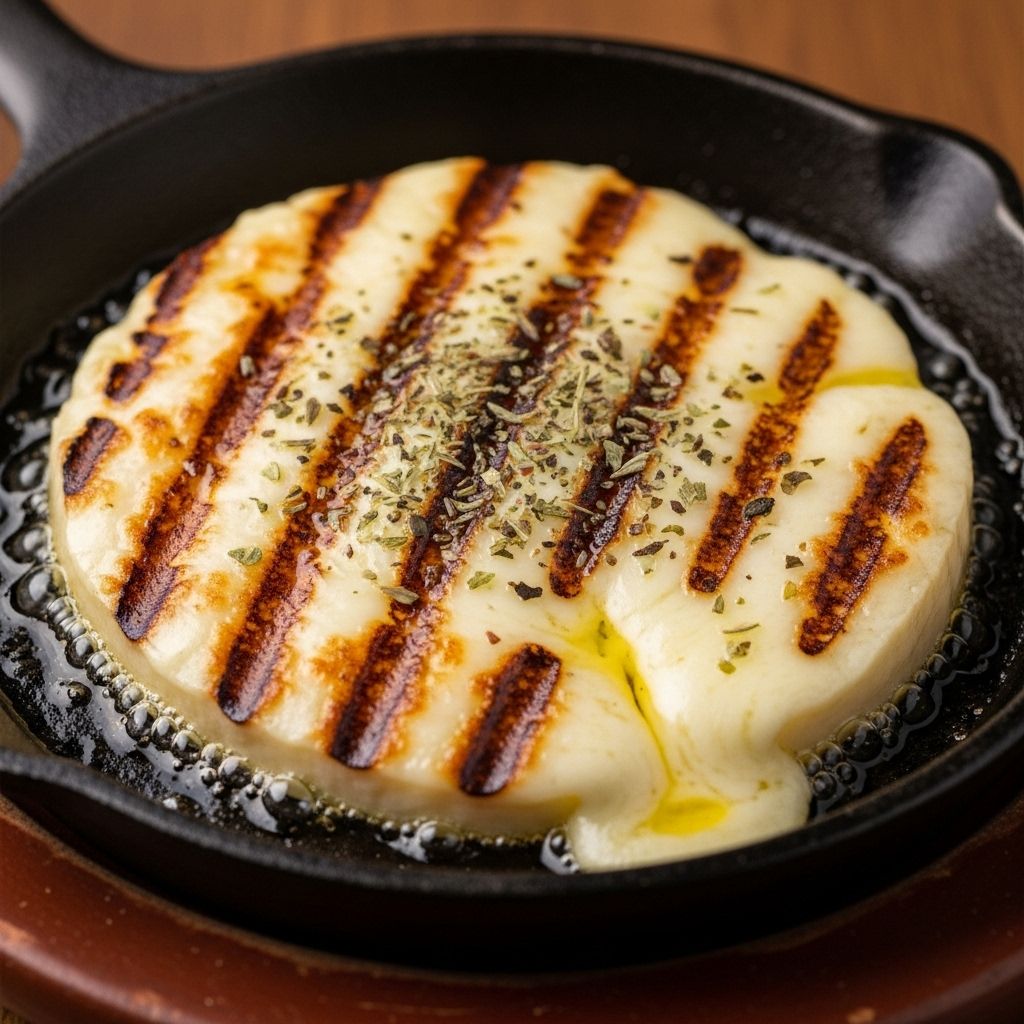 A rustic cheese dish that blends smoky heat, melted creaminess, and zesty herb aromas.