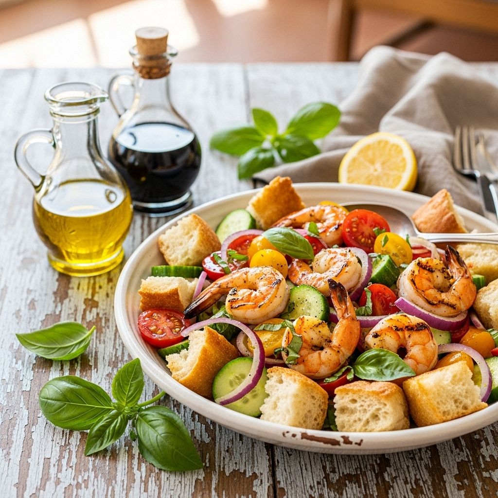 A vibrant summer feast where crusty cubes soak up colorful veggies and smoky flavors.