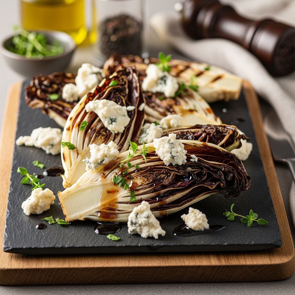 A vibrant appetizer balancing bitter chicory with creamy blue cheese and grape syrup.