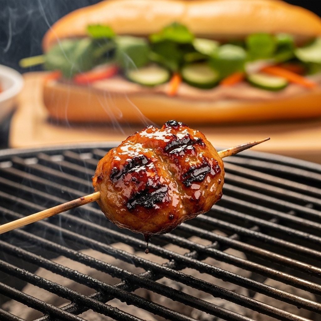 Smoky, herb-infused pork combines with tangy pickles and fresh herbs in a vibrant bite.