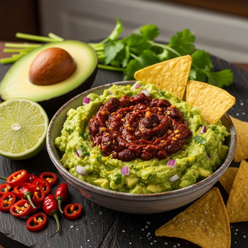 Avocado and chili bean paste combine for savory umami depth and gentle heat.