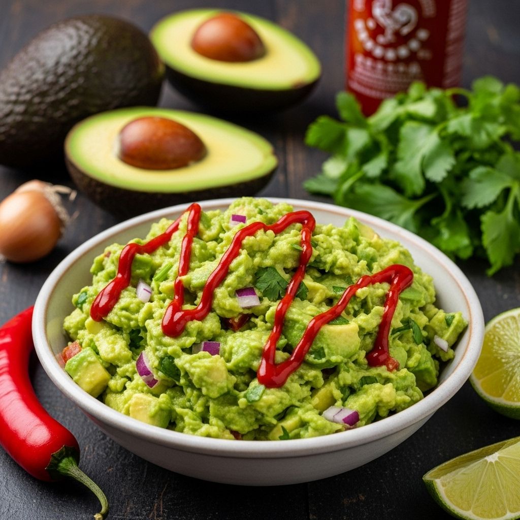 Avocado mash with chili-garlic sauce creates creamy texture and vivid green swirls.