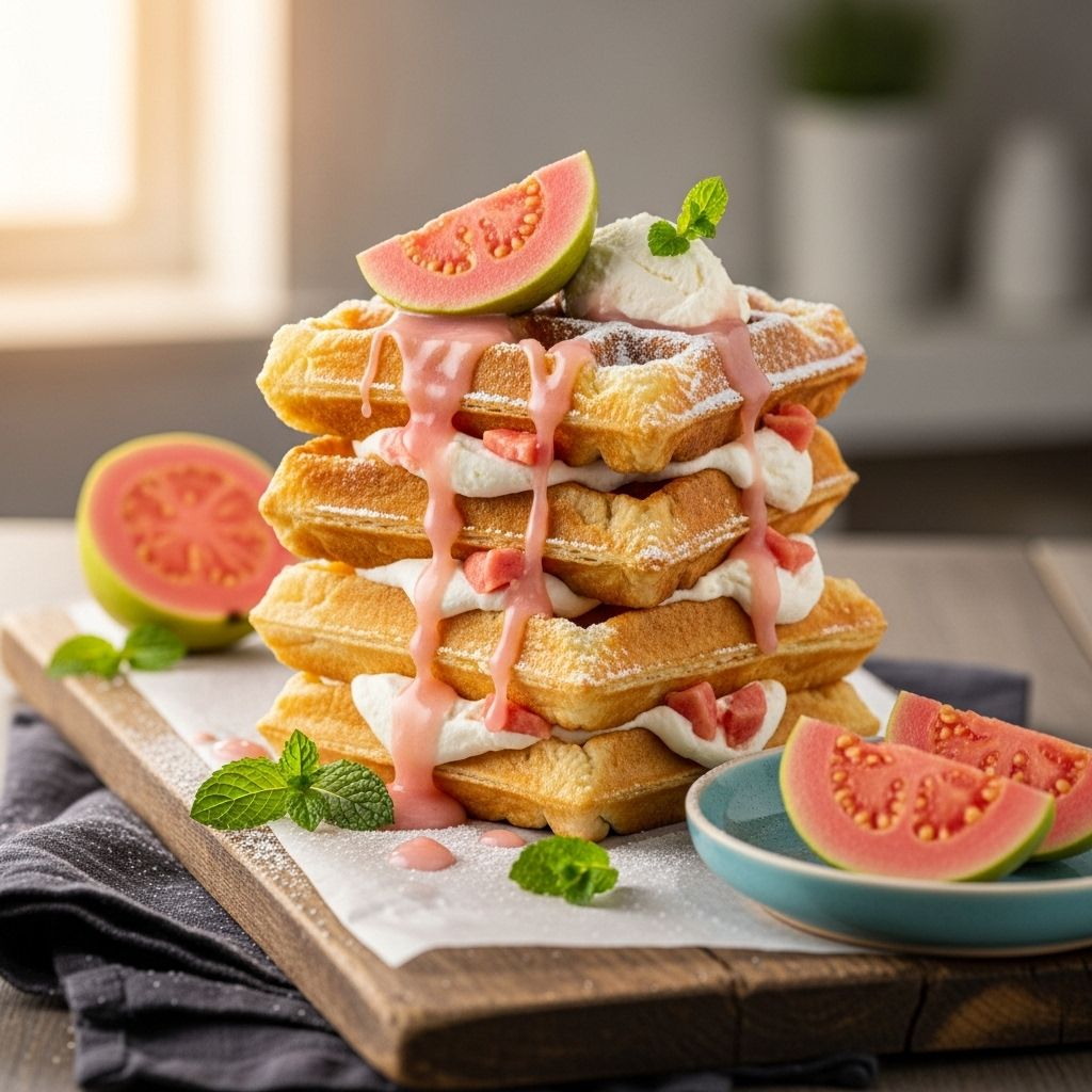 Guava & Cream Cheese Puff Pastry Waffles: A Crispy, Sweet Fusion Buttery layers envelop tangy filling for a delightful crunch in every bite.
