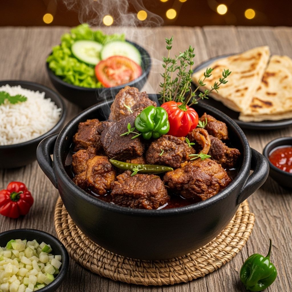 This cassareep-infused stew unfolds rich flavors and enduring tradition in every spoonful.