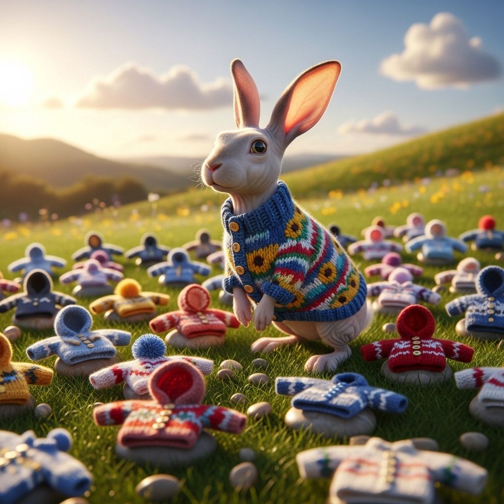 A fur-free bunny turns necessity into fashion with community-crafted knitwear.