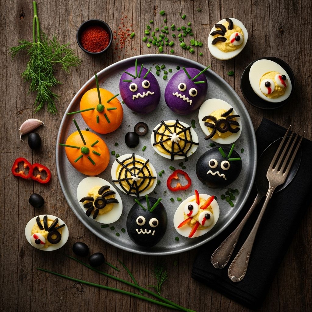 Tea-infused eggs crack into web patterns, topped with olive spiders for party flair.