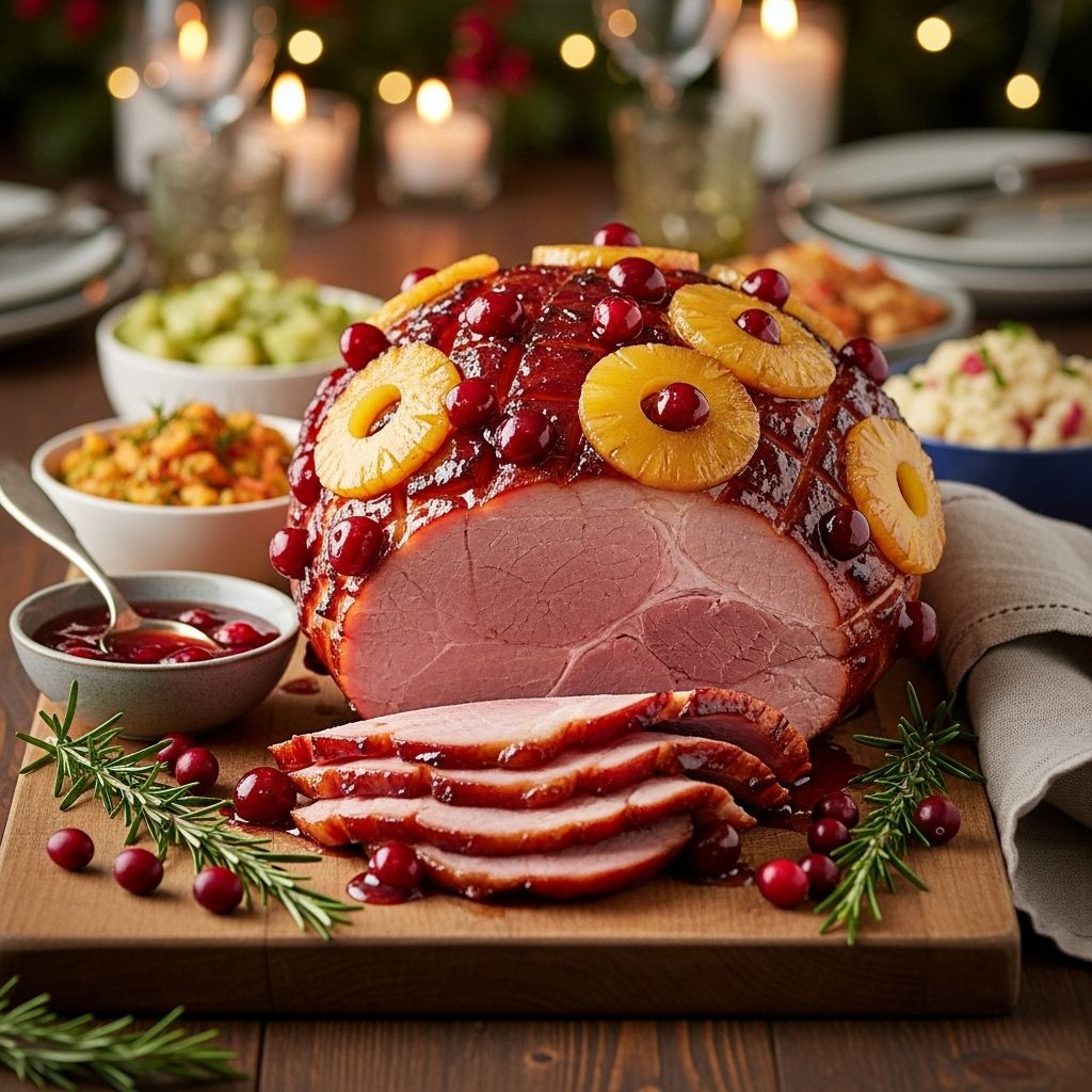 Ham with Cherry-Pineapple Glaze Recipe Tropical juices and warm spices turn a simple roast into a crave-worthy feast.