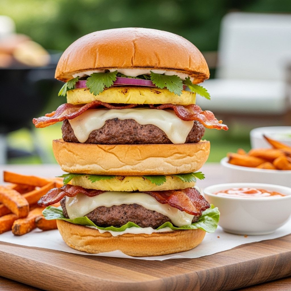 A playful fusion that elevates backyard barbecue with tropical flavors and melty cheese.