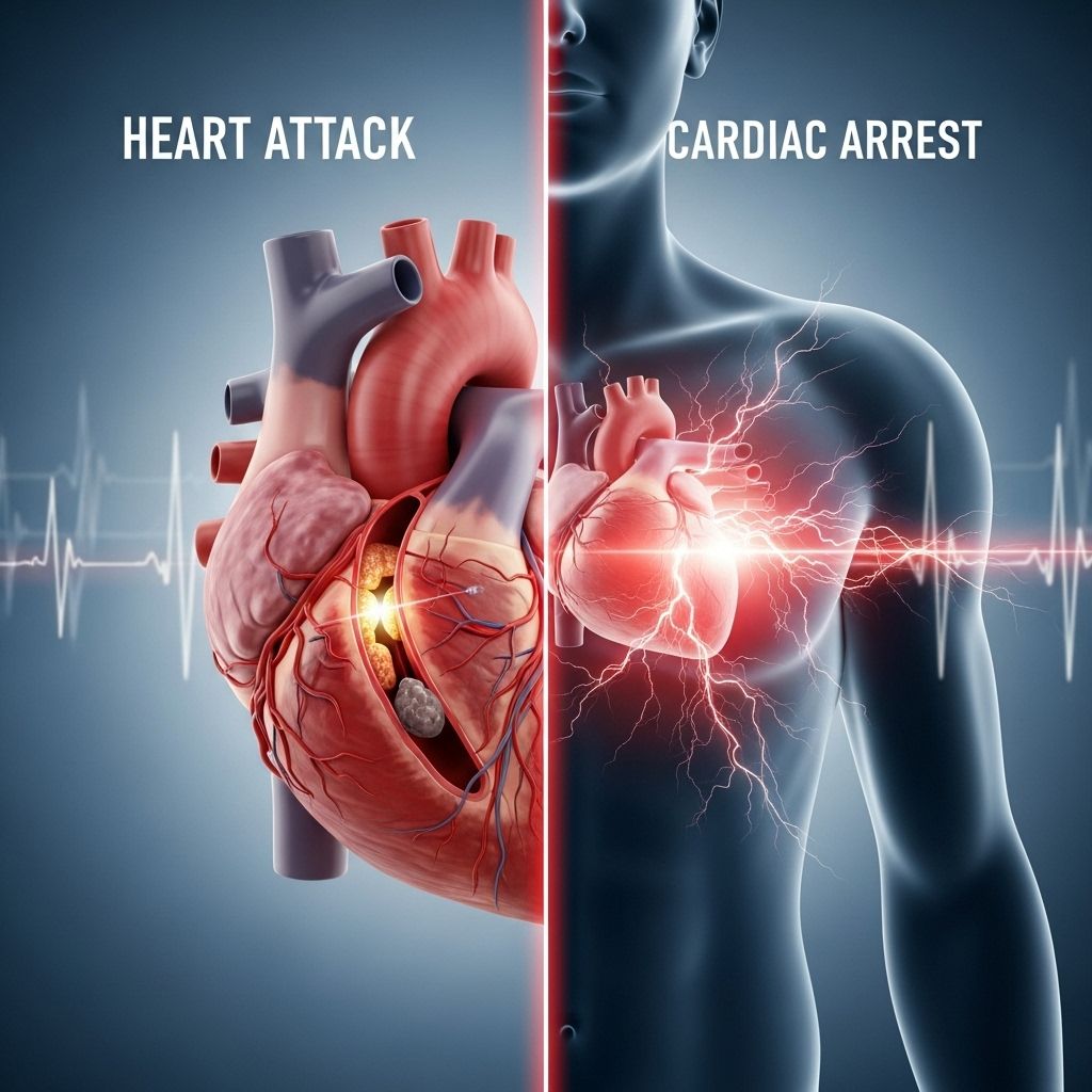 Learn how heart attacks and cardiac arrest differ, including symptoms, causes, emergency response, and prevention for each life-threatening condition.
