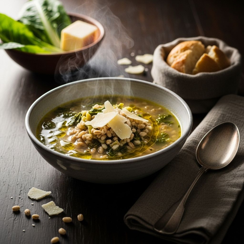 Hearty Escarole, Barley, and Parmesan Soup: An Italian Comfort Classic Combining bitter greens and chewy grains into a savory bowl for cozy comfort.