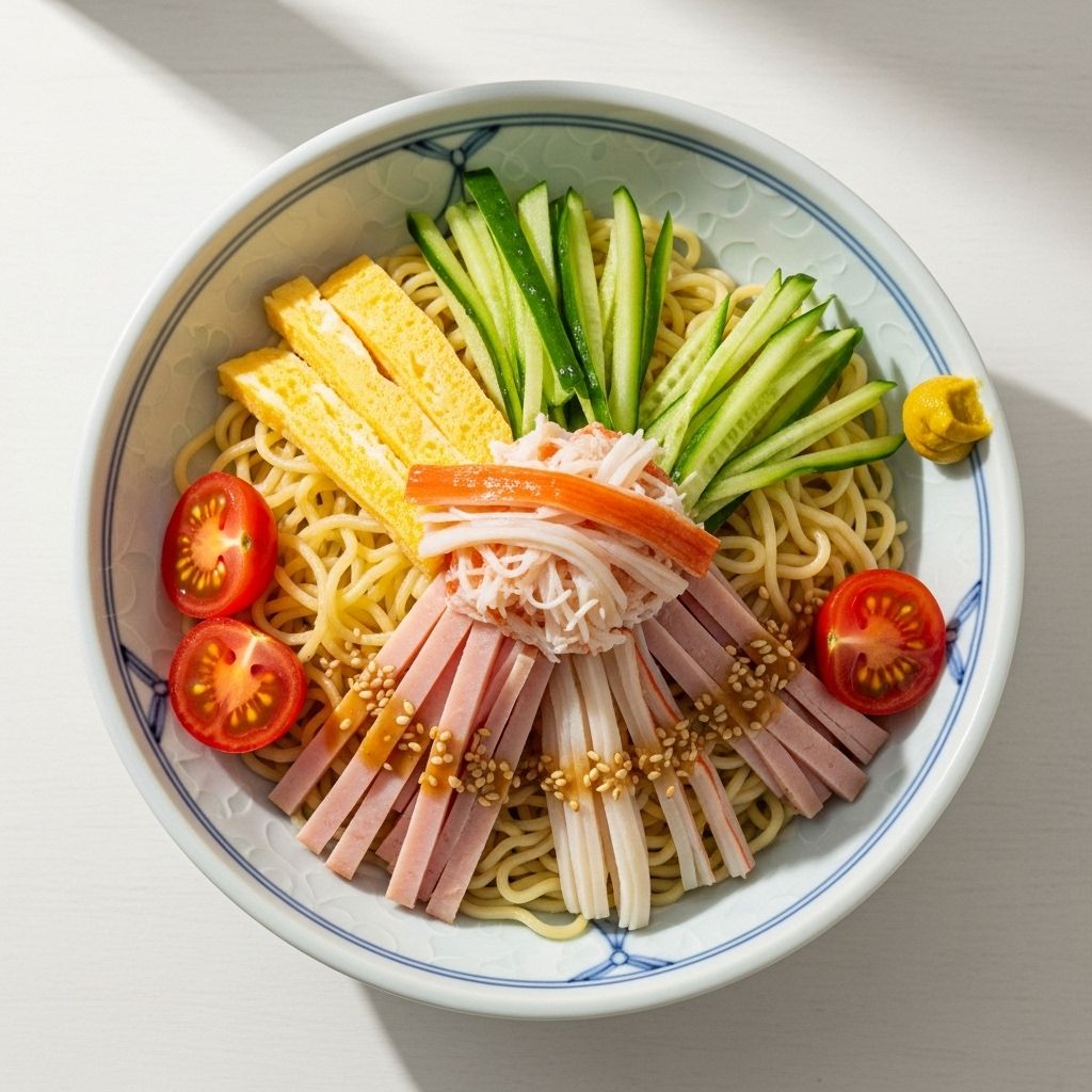 Chilled noodles topped with vibrant veggies and proteins deliver a crisp, cool meal.