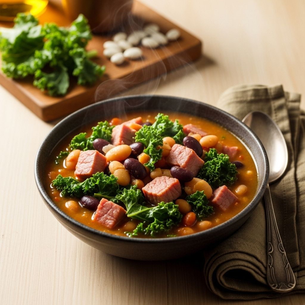 Holiday Leftovers: Hearty Ham, Bean, and Kale Stew Recipe A warm, flavorful bowl that transforms pantry staples into satisfying winter comfort.