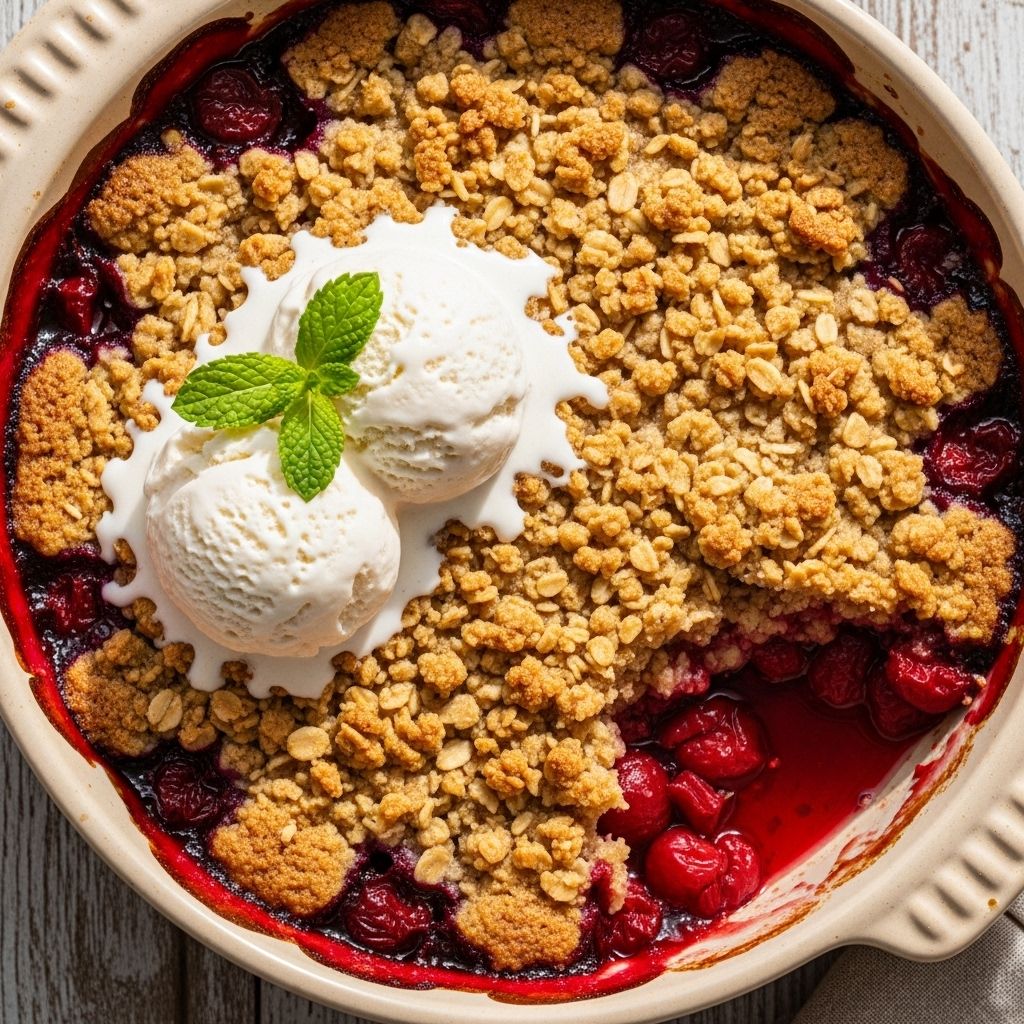 An almond-oat crust crowns sweet, bubbling cherries for a warm, seasonal indulgence.